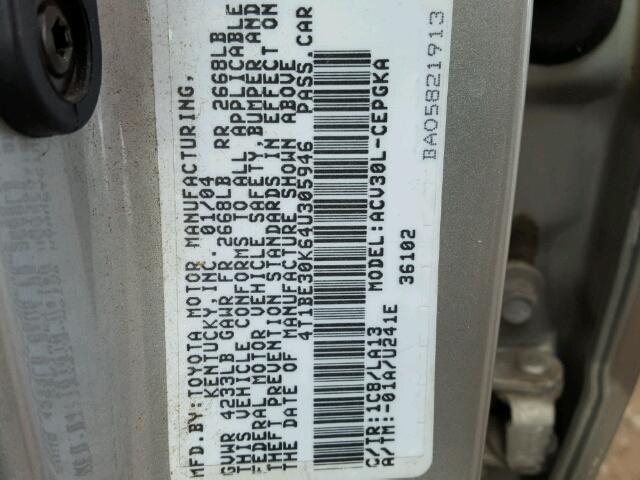 4T1BE30K64U305946 - 2004 TOYOTA CAMRY LE GRAY photo 10