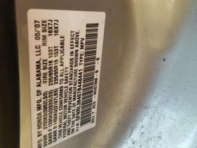 5FNRL38467B448441 - 2007 HONDA ODYSSEY EX SILVER photo 10