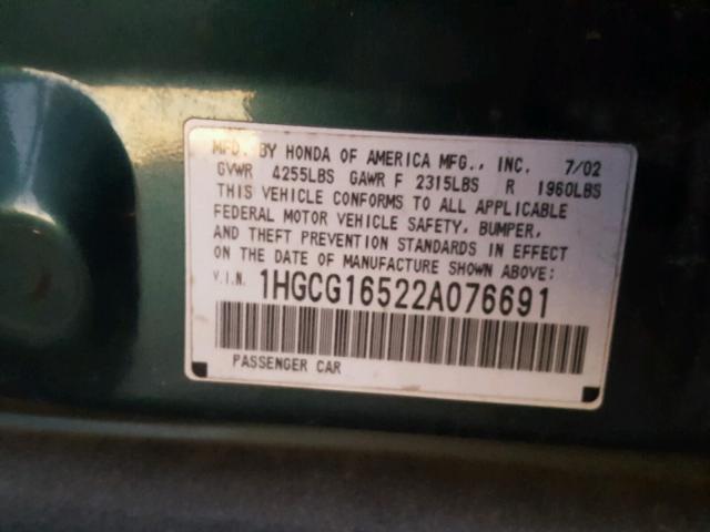 1HGCG16522A076691 - 2002 HONDA ACCORD EX GREEN photo 10