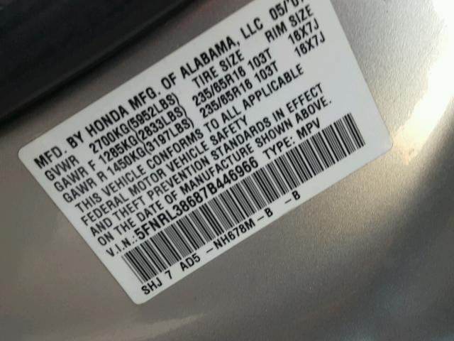 5FNRL38687B446966 - 2007 HONDA ODYSSEY EX SILVER photo 10