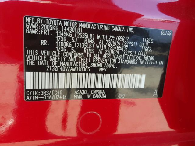 2T3ZF4DV7AW018365 - 2010 TOYOTA RAV4 RED photo 10