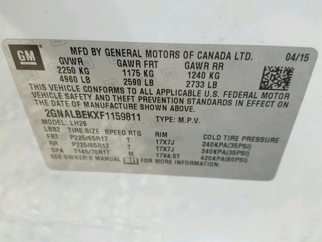 2GNALBEKXF1159811 - 2015 CHEVROLET EQUINOX LT WHITE photo 10