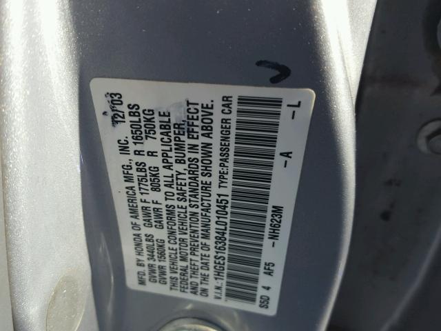 1HGES16384L010451 - 2004 HONDA CIVIC DX V SILVER photo 10