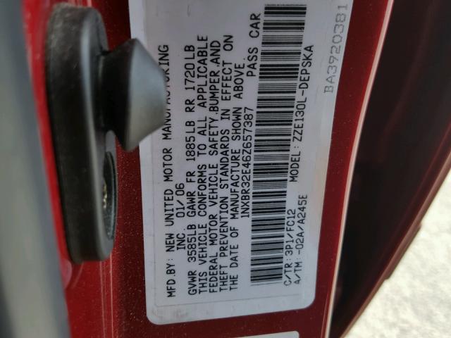 1NXBR32E46Z657387 - 2006 TOYOTA COROLLA CE RED photo 10