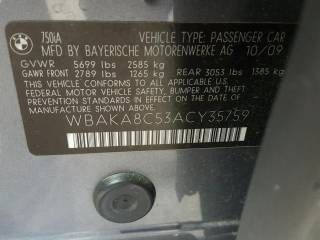 WBAKA8C53ACY35759 - 2010 BMW 750 I GRAY photo 10