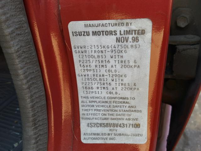 4S2CK58V8V4317100 - 1997 ISUZU RODEO S RED photo 10