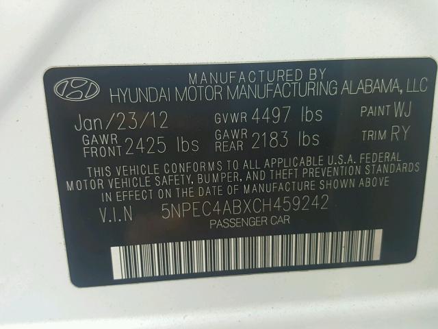 5NPEC4ABXCH459242 - 2012 HYUNDAI SONATA SE WHITE photo 10