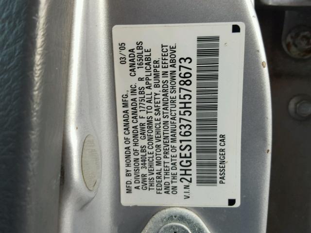 2HGES16375H578673 - 2005 HONDA CIVIC DX V SILVER photo 10