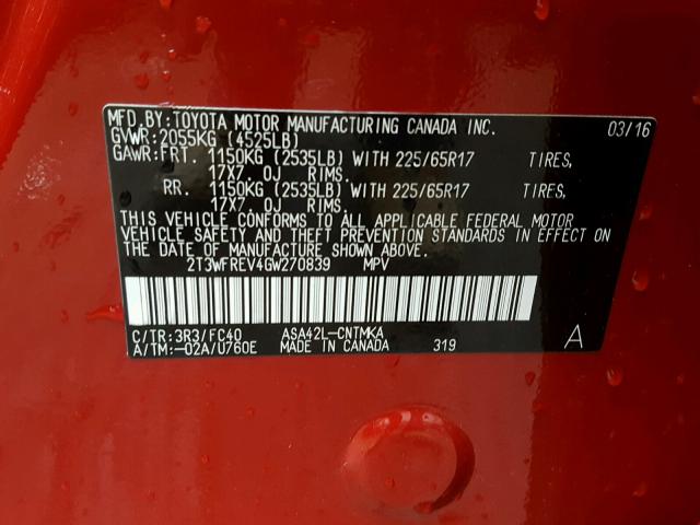 2T3WFREV4GW270839 - 2016 TOYOTA RAV4 XLE RED photo 10