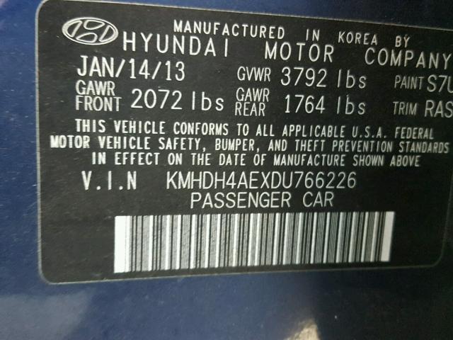 KMHDH4AEXDU766226 - 2013 HYUNDAI ELANTRA GL BLUE photo 10