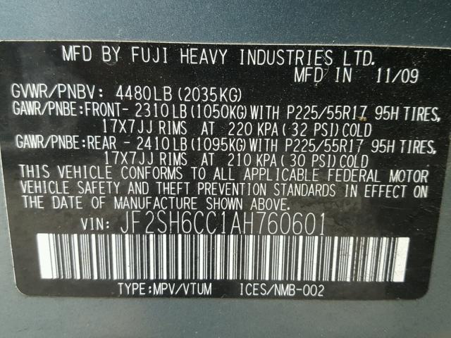 JF2SH6CC1AH760601 - 2010 SUBARU FORESTER 2 TEAL photo 10
