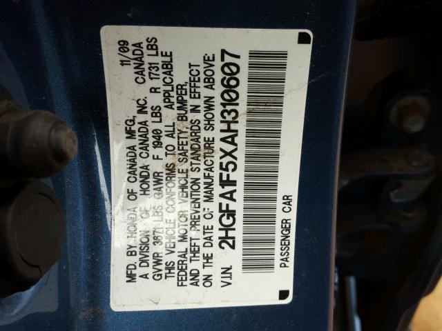 2HGFA1F5XAH310607 - 2010 HONDA CIVIC LX BLUE photo 10