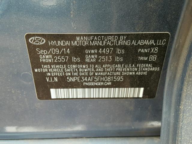 5NPE34AF5FH081595 - 2015 HYUNDAI SONATA SPO BLUE photo 10