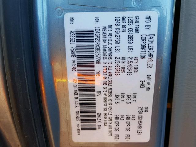 1D4GP25RX3B257708 - 2003 DODGE CARAVAN SE BLUE photo 10