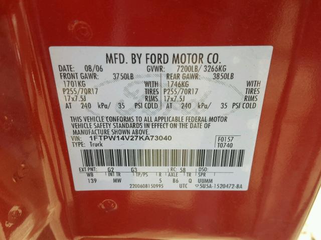 1FTPW14V27KA73040 - 2007 FORD F150 SUPER BURGUNDY photo 10