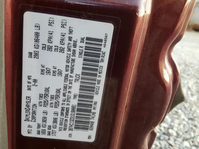 3B7HC13Z31G180081 - 2001 DODGE RAM 1500 BURGUNDY photo 10