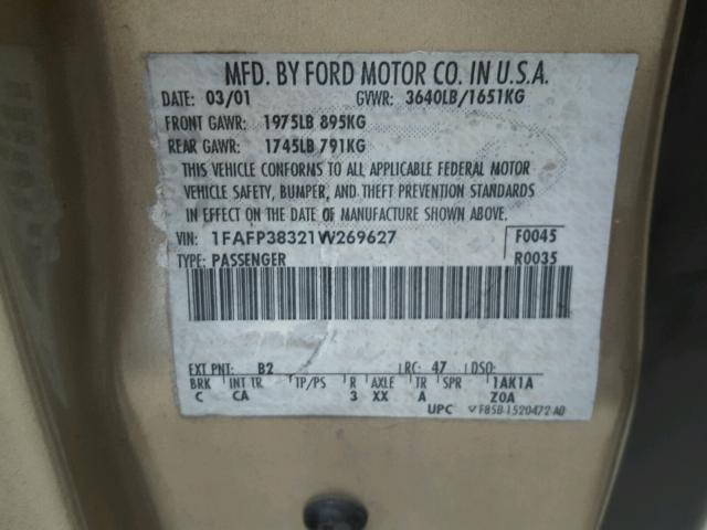 1FAFP38321W269627 - 2001 FORD FOCUS ZTS GOLD photo 10