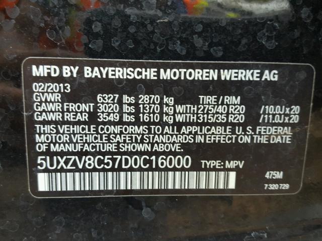 5UXZV8C57D0C16000 - 2013 BMW X5 XDRIVE5 BLACK photo 10