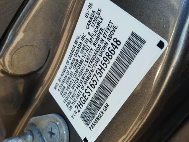 2HGES16575H598648 - 2005 HONDA CIVIC LX GRAY photo 10