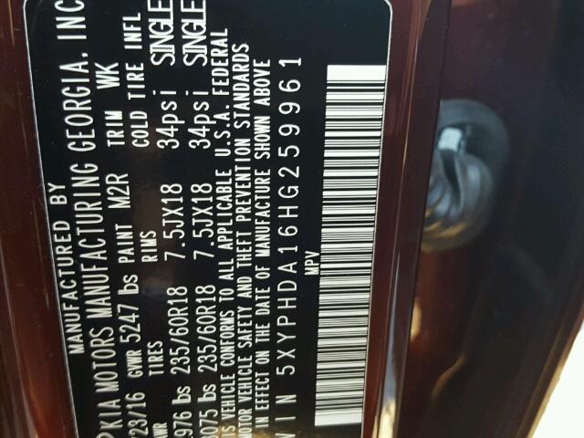 5XYPHDA16HG259961 - 2017 KIA SORENTO EX Bordo foto 10