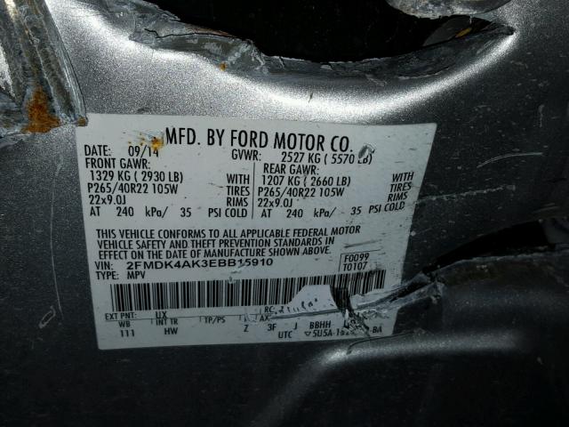 2FMDK4AK3EBB15910 - 2014 FORD EDGE SPORT SILVER photo 10