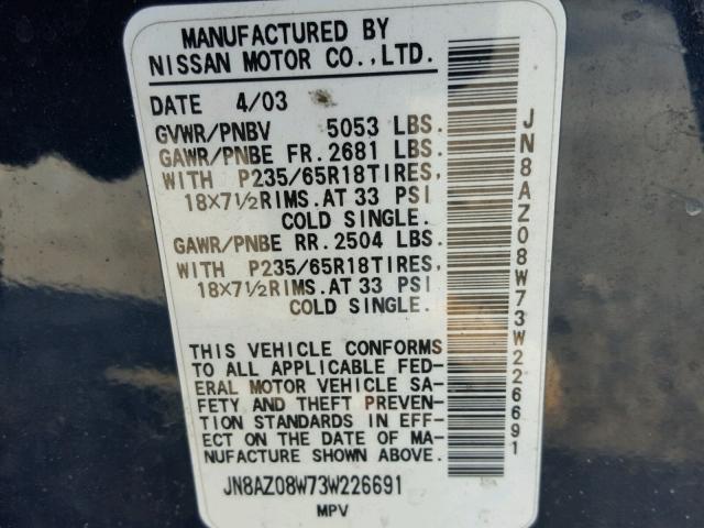 JN8AZ08W73W226691 - 2003 NISSAN MURANO SL BLUE photo 10