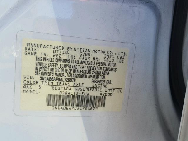 3N1AB6AP0AL726879 - 2010 NISSAN SENTRA 2.0 WHITE photo 10