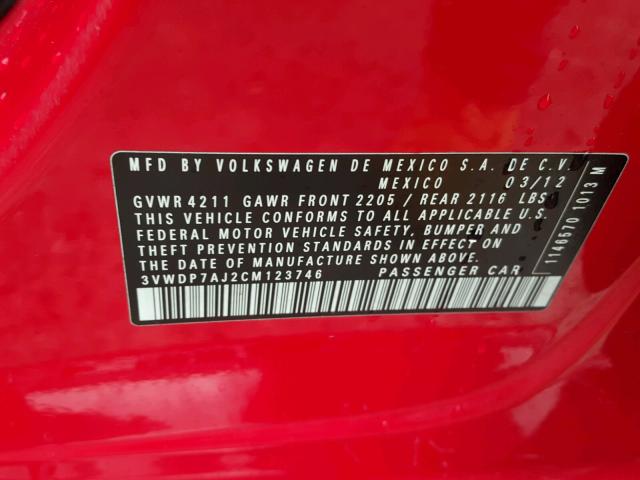 3VWDP7AJ2CM123746 - 2012 VOLKSWAGEN JETTA SE RED photo 10