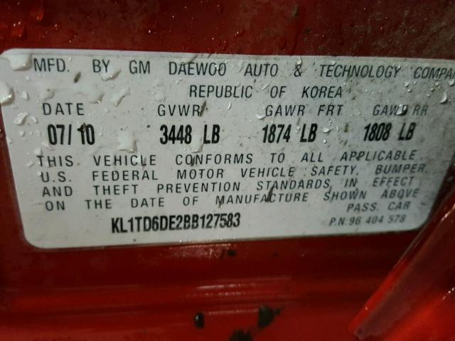 KL1TD6DE2BB127583 - 2011 CHEVROLET AVEO LS RED photo 10