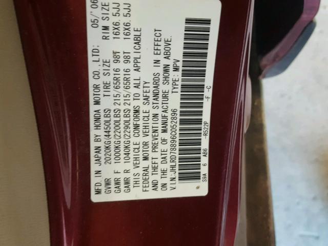 JHLRD78896C052896 - 2006 HONDA CR-V EX RED photo 10