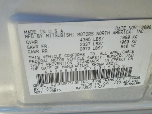 4A3AB36F57E045859 - 2007 MITSUBISHI GALANT ES SILVER photo 10