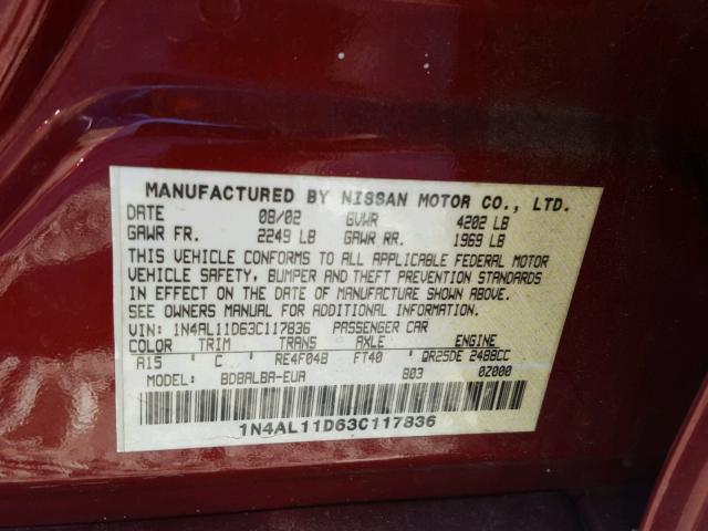 1N4AL11D63C117836 - 2003 NISSAN ALTIMA BAS MAROON photo 10