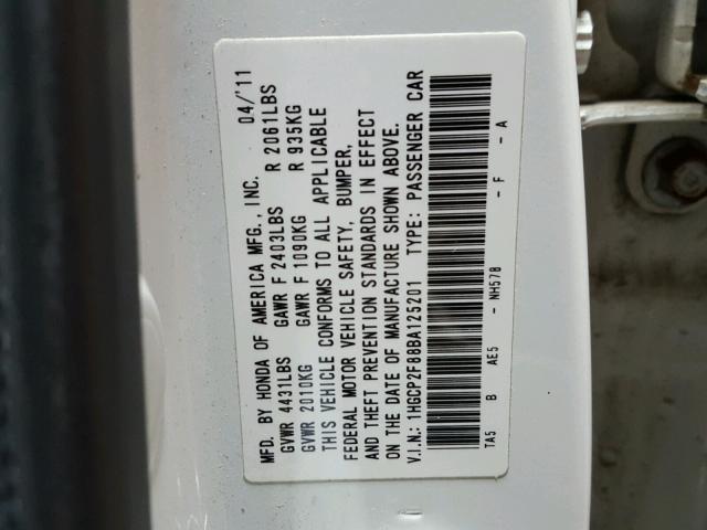 1HGCP2F88BA125201 - 2011 HONDA ACCORD EXL WHITE photo 10