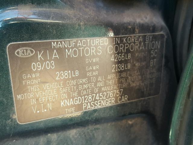 KNAGD128745276757 - 2004 KIA OPTIMA LX GREEN photo 10