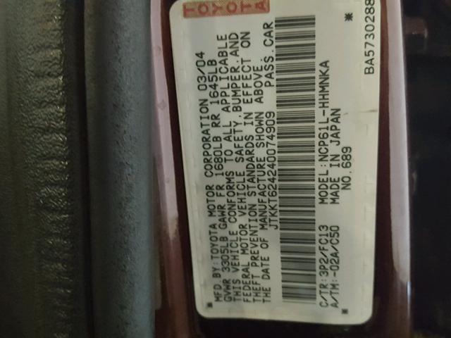 JTKKT624240074909 - 2004 TOYOTA SCION XA ბურგუნდია ფოტო 10