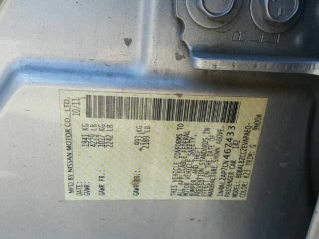 1N4AL2AP7CN467433 - 2012 NISSAN ALTIMA BAS SILVER photo 10