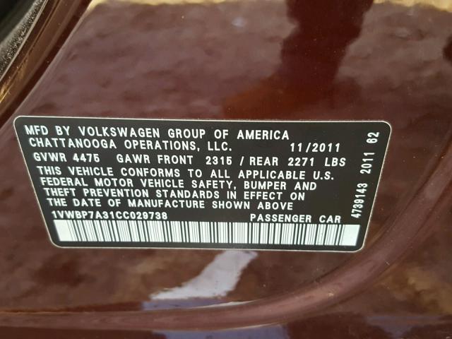 1VWBP7A31CC029738 - 2012 VOLKSWAGEN PASSAT SE MAROON photo 10