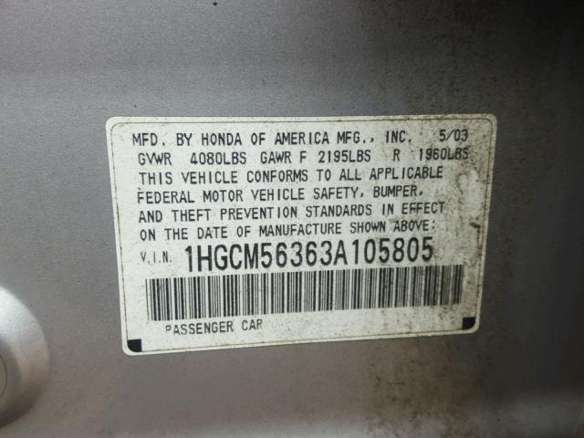 1HGCM56363A105805 - 2003 HONDA ACCORD LX SILVER photo 10