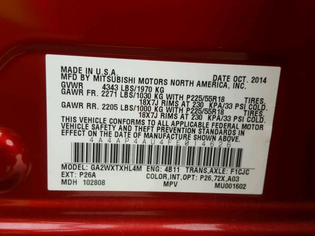 4A4AP4AU4FE014626 - 2015 MITSUBISHI OUTLANDER RED photo 10