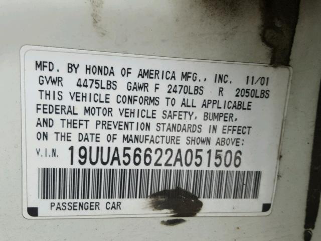 19UUA56622A051506 - 2002 ACURA 3.2TL WHITE photo 10