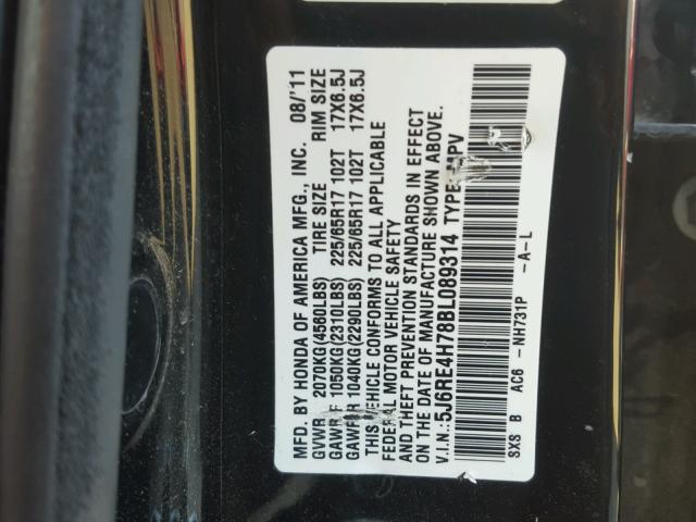 5J6RE4H78BL089314 - 2011 HONDA CR-V EXL BLACK photo 10