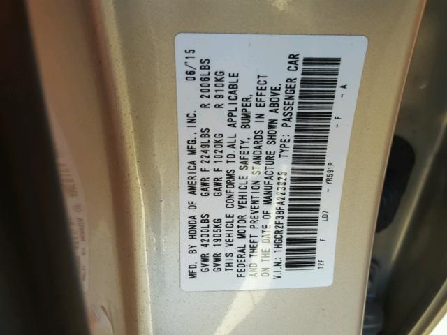 1HGCR2F38FA223925 - 2015 HONDA ACCORD LX TAN photo 10