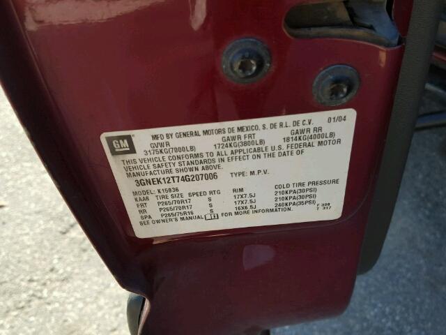 3GNEK12T74G207006 - 2004 CHEVROLET AVALANCHE RED photo 10