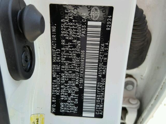 4T1BF1FKXDU682806 - 2013 TOYOTA CAMRY L WHITE photo 10