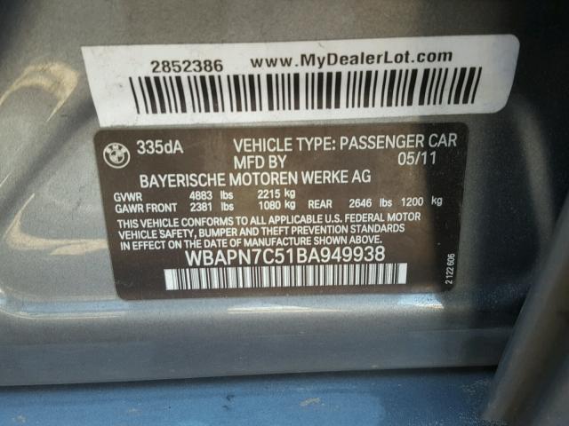 WBAPN7C51BA949938 - 2011 BMW 335 D GRAY photo 10