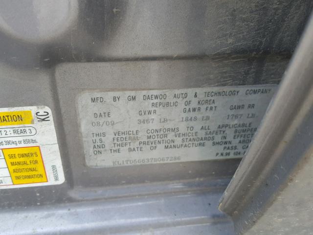KL1TD56637B067286 - 2007 CHEVROLET AVEO BASE Szary zdjęcie 10