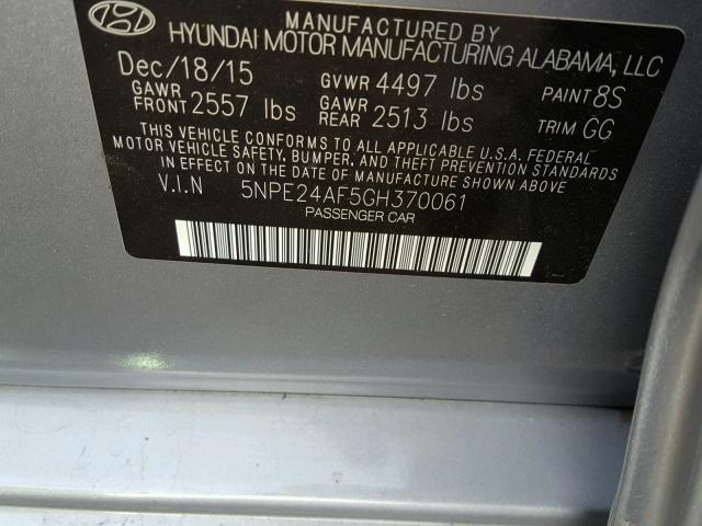 5NPE24AF5GH370061 - 2016 HYUNDAI SONATA SE GRAY photo 10