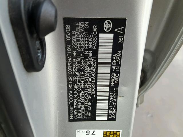 JTDKB20U683432071 - 2008 TOYOTA PRIUS GRAY photo 10