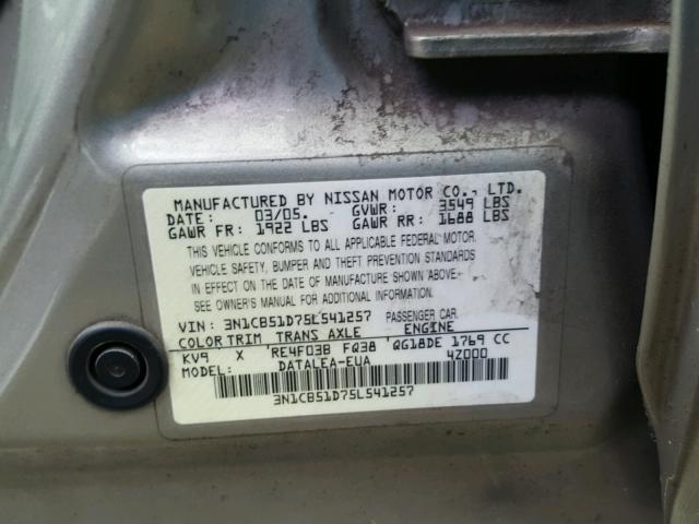 3N1CB51D75L541257 - 2005 NISSAN SENTRA 1.8 TAN photo 10