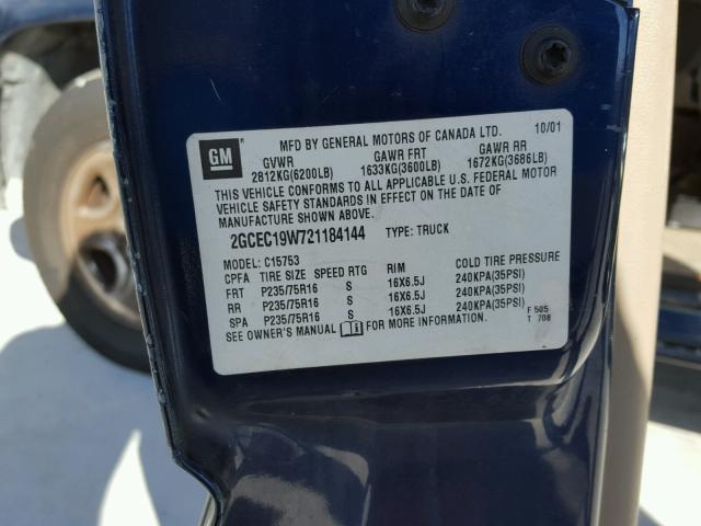 2GCEC19W721184144 - 2002 CHEVROLET SILVERADO BLUE photo 10